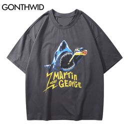 Harajuku Tees Shirt Funny Drinking Shark Print Casual Cotton Tshirts Hip Hop Fashion Loose Streetwear Short Sleeve Tops 210602