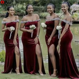 Burgundy Velvet Bridesmaid Dresses with Beaded Off Shoulder Wedding Party Gowns Side Split Long vestido de fiesta de boda M292 WJY591