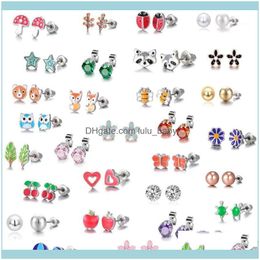 Stud Jewelrystud Luokey 30 Pairs/Set Stainless Steel Earrings For Women Tiny Small Animal Fruit Cute Children Kids Frog Bee Jewelry1 Drop De