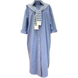 Korean Chic Casual Fashion Temperament Turn-down Collar Shawl Long-sleeved Shirt Dress Women Summer Blue Robe 16W1083 210510