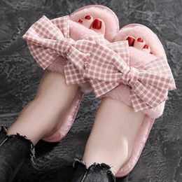 winter Cute woman flip flops sweet Plaid bow Plush slide Keep warm home Indoor slippers shoes kapcie damskie s976 210625