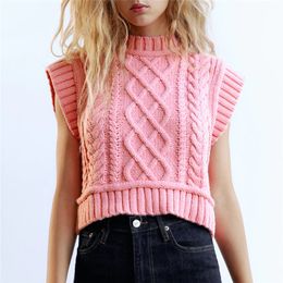 BLSQR Sweet Fashion CabLe Knitted Crop Vest Sweater Women Vintage O-Neck Sleeveless Female Waistcoat Pink Chic Tops 210430