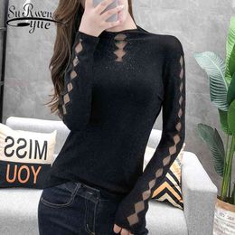 Blusas mujer de moda korean slim women ladies tops Solid Turtleneck Hollow Out black long sleeve top shirts 7849 50 210521
