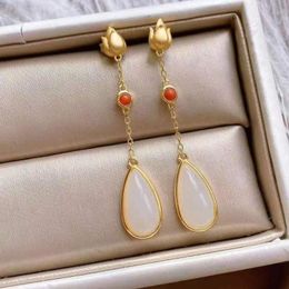 white jade earrings Australia - Dangle & Chandelier Inlaid With Natural An White Jade Drop Shaped Long Earrings Retro Court Style Flowers Fresh Charm Women's Brand Jewelry