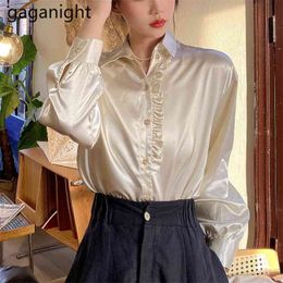 Ruffles Button Up Satin Silk Shirt Women Vintage Blouse Solid Lady Long Sleeve Blusas Female Loose Office Shirts 210601