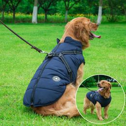 Winter Warm Large Pet Dog Jacket With Harness Dog Clothes For Labrador Waterproof Big Dog Coat French Bulldog Outfits 211013