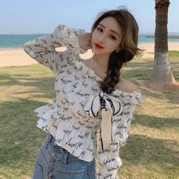 Sexy Fungus Slash Neck Flare Sleeve Letter Blouse Women Short Off Shoulder Wild Slim Tops Summer Print Blusas Mujer Retro Chic 210610