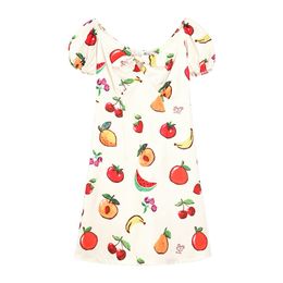 Women White Fruit Print Puff Sleeve Mini Dress Sweet Summer D1086 210514