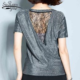 Summer short sleeve blouse women blusas mujer de moda backless Silver tops shirts s and blouses 4147 50 210508