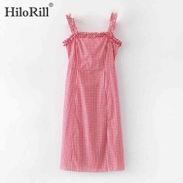 Casual Sleeveless Plaid Dress Women Sexy Spaghetti Strap Split Holiday Beach Ruffles Female Straight es Robe 210508