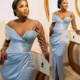 Sky Blue Prom Dresses Long Sleeves Crystals Ruffles Satin Floor Length Side Slit Evening Party Gowns Plus Size Custom Made Formal Ocn Wear 403 403