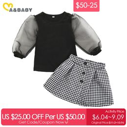 $50-25 1-6Y Spring Toddler Child Kid Girls Clothes Set Black Tulle Lace T shirts Tops Plaid Skirts Outfits Costumes 210515