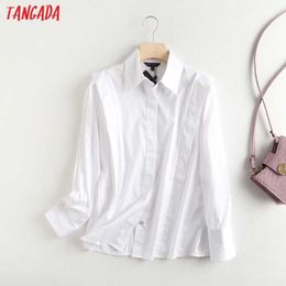 Tangada women high quality white cotton shirts long sleeve solid elegant office ladies pleated work wear blouses 6D65 210609