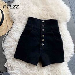 Woman Summer Vintage Black Jeans Shorts Women Button Fly Single-breasted High Waisted Female Skinny Pants 210525