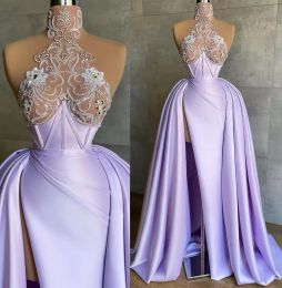 Lavender Prom 2022 Dresses Neck Sleeveless Lace Applique Beading High Split Mermaid Floor Length Satin Evening Formal Wear Party Gowns Vestidos Custom Made