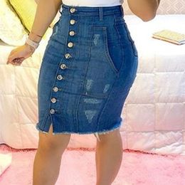 Summer Denim Skirt Women Fashion Casaul Stretch Knee Length Washed Skirts Pockets Button Detail Pure Color Female 210621