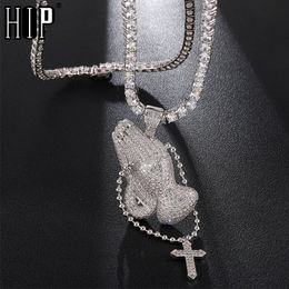 Hip Hop Bling Cubic Zirconia Iced Out Praying Hands Cross Necklaces & Pendants For Men Jewellery With Tennis Chain X0509