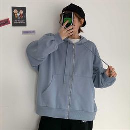 Korea Ulzzang casual fashion punk large size loose fun zipper female hooded solid color vintage ins chic long sleeve jacket 210608