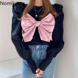 Nomikuma Shirt Women Contrast Colour Bow Knot Design Puff Sleeve Blouse Female O Neck Korean Chic Pullover Tops Blusas 3d654 210514