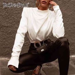 Casual Ruched Shirt For Women Turtleneck Long Sleeve Loose White Blouse Female Fashion Clothes Autumn 210524