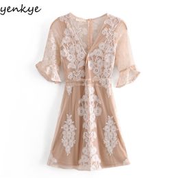 Floral Embroidery Transparent Mesh Sexy Dress Women V Neck Butterfly Sleeve Club Mini Female Night Out Vestido 210514