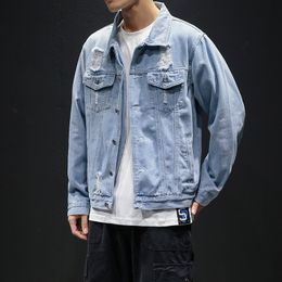 MenMen Light Blue Denim Jackets And Coats Holes Jean Jackets Spring Autumn Men Large Size Casual Denim Coats Size 5XLMens