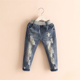Spring Autumn 2-6 8 10 Years Children Birthday Gift Elastic Long Trousers Washed Hole Denim Jeans For Baby Kids Girls 210701