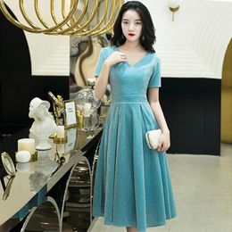 Ethnic Clothing V-Neck Sexy Cheongsam Pleated Blue Prom Party Dress Gown Short Temperament Qipao Zipper Vestidos Elegant Banquet Robe De Soi