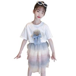 Teen Girls Clothing Big Bow Tracksuits For Hat Tshirt + Skirt Clothes Tiered Children's Summer 210527