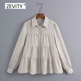 women vintage turn down collar stripe pleats linen smock blouse office ladies long sleeve chic casual business shirt tops LS6934 210603