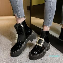 Boots Crystal Square Buckle Decoration Keep Warm Women Ankle Cow Leather Brand Thick High Heels Motorcycles Winter Shoes Woman