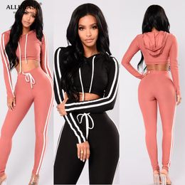 Allukasa Fitness Casual 2 Piece Set Tracksuit Women Side Striped Hoodies Cropped Tops and Jogger Two Piece Outfits X0428