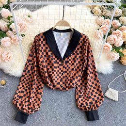 Women Fashion Vintage Plaid Print Chic V-neck Long Sleeve Loose Slim Shirt Blusas De Mujer Clothing Blouse Tops R413 210527