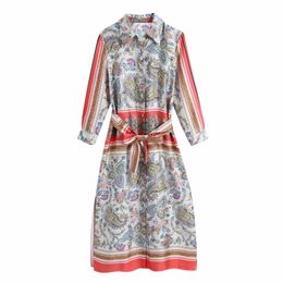 Women Vintage Paisley Printing Sashes Side Slit Midi Shirt Dress Female Long Sleeve Clothes Casual Lady Loose Vestido D7507 210430