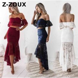 Women's Sets Strapless Short Top With Irregular Pencil Skirt Lace Two Piece Set Suit Women 2 Spring 210513