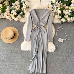 Drawstring pleated sexy deep v-neck knitted bodycon dress women fashion autumn long sleeve front split midi party vestidos 210603