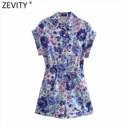 Zevity Women Fashion Short Sleeve Flower Print Slim Playsuits Female Elastic Waist Shorts Siamese Chic Casual Rompers DS8175 210603