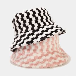 Women Winter Bucket Hats Outdoor Warm Faux Rabbit Fur Plaid Fisherman Hat Bob Lady Girl Fashion Casual Travel Panama