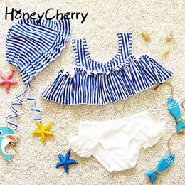 Korean Version Of Swimsuit The Spring Navy Wind Girl Stripe Split Triangle Baby Sweetness Cute Student 210515