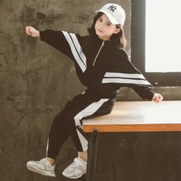 2020 Girls Clothing Sets Short Sleeve letter sweatshirt+Pants 2Pcs Autumn black Kids Sportwear Children Clothes Suits 4-12 Years X0902