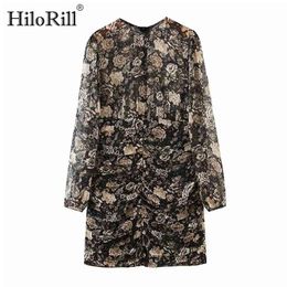 Sexy Bodycon Floral Mini Dress O Neck Pleated Chiffon Transparent Long Sleeve Print Party Vestido De Mujer 210508