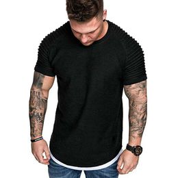 Hot Men's T-Shirts Pleated Wrinkled Slim Fit O Neck Short Sleeve Muscle Solid Casual Tops Shirts Summer Basic Tee New Y0809