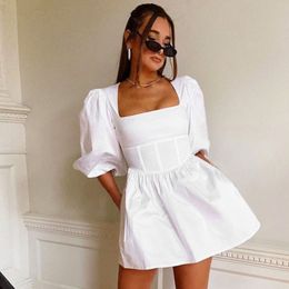 Vintage Square Neck White Dress Women High Waist Puff Sleeve Bodycon A-Line Party Casual Elegant Sexy Summer Vestidio 210422