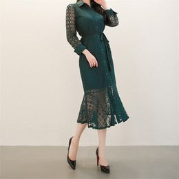 spring and summer style lace slin temperament retro Shirt-style long-sleeved mermaid office party forwomen dresses 210602