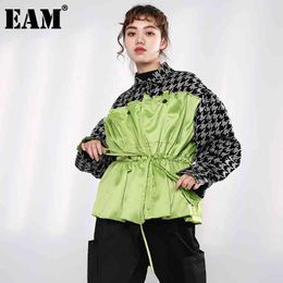 [EAM] Green Black Drawstring Plaid Big Size Jacket Lapel Long Sleeve Women Coat Fashion Spring Autumn 1H20306 21512