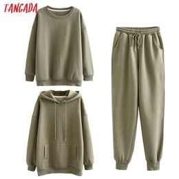 Tangada Women couple sweatshirt fleece 100% cotton amygreen oversized hood hoodies sweatshirts plus size SD60 211101