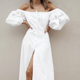 Fashion Half Sleeve Women Off Shoulder Dress Elegant White Sexy Casual Soild Summer Holiday Slim BodyconCotton Vestido Dresses 210422
