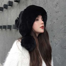 SWAK Winter Knit Hat Women Fur Bomber Plush Snow Hats with Ball Female Solid Novelty Hip-Hop Beanie Outdoor Ear Protection Cap 211119