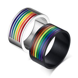 10mm Gay Pride Wedding Rings in Stainless Steel, Rainbow Striped Universary Rings, Enamel Rings, Free Engraving