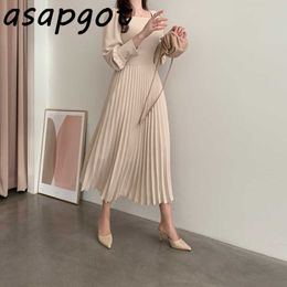 Asapgot Dress Women Autumn Lady's Slim High Waist Square Collar Pleated Dress Mid-calf Puff Long Sleeve Elegant Gentle Vestidos 210610